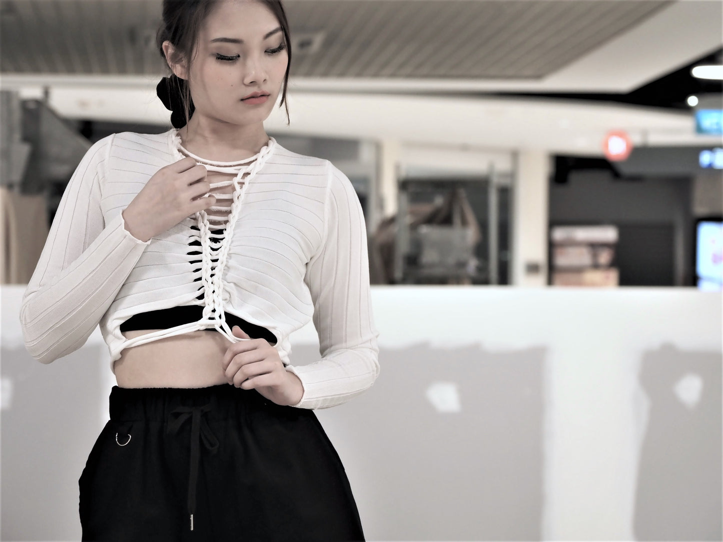 Criss Cross Ribbon Long Sleeves Blouse