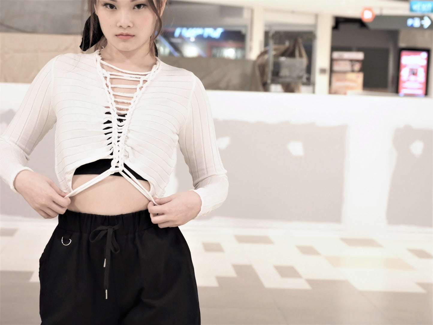 Criss Cross Ribbon Long Sleeves Blouse