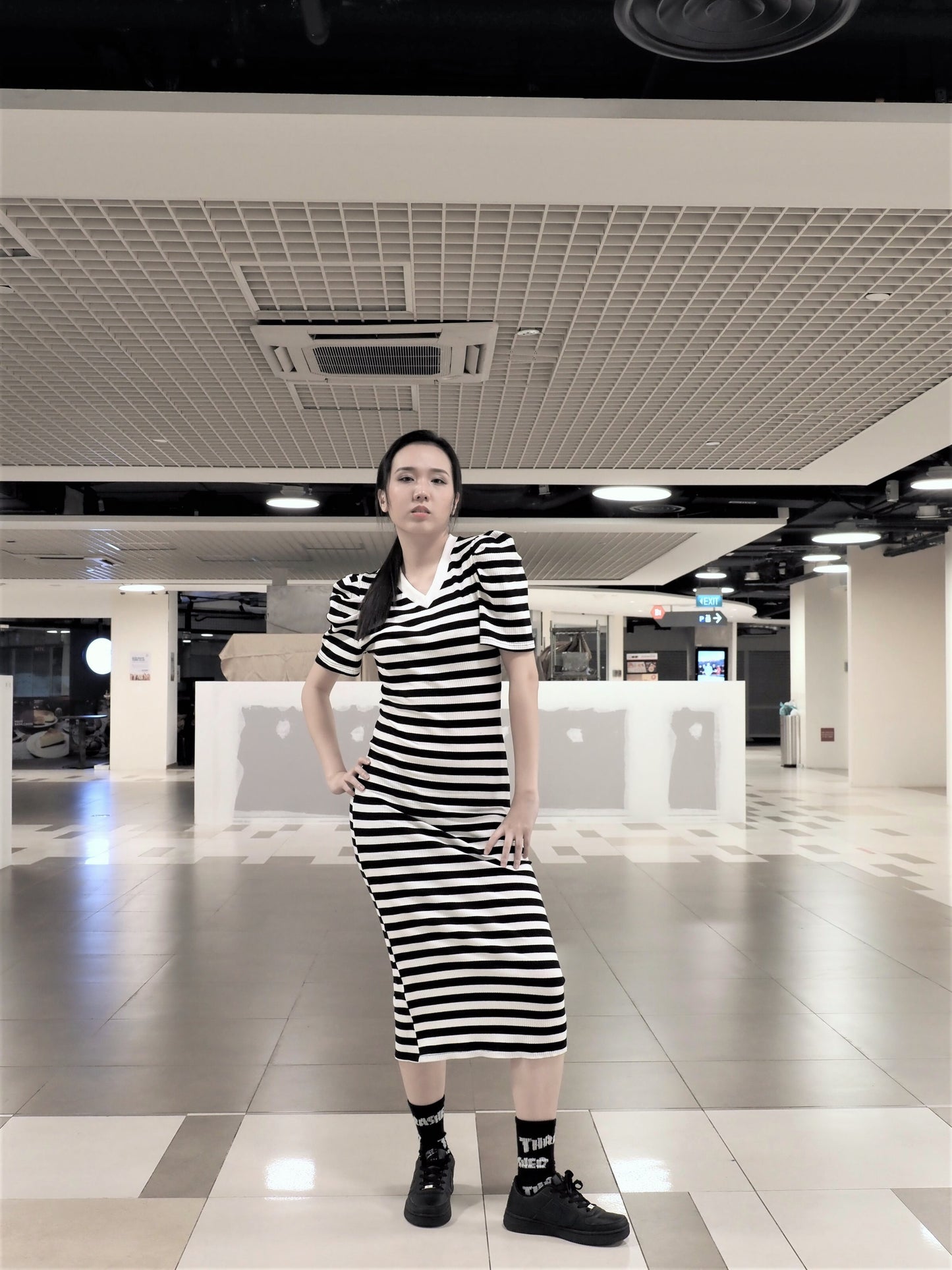 Flare Sleeved Feminine Stripe Dress