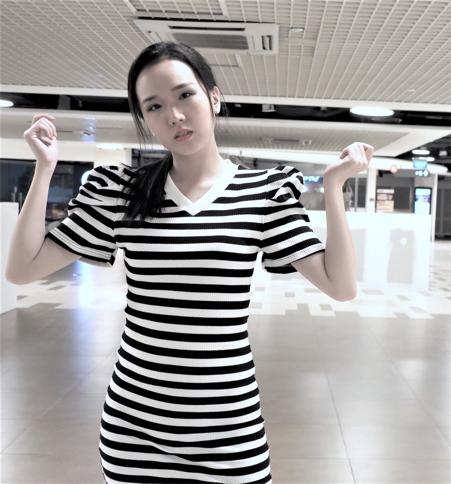 Flare Sleeved Feminine Stripe Dress
