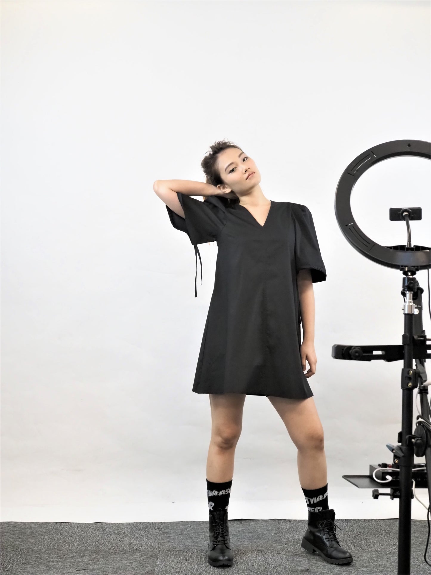 V-Neck Lantern Sleeve Mini Dress