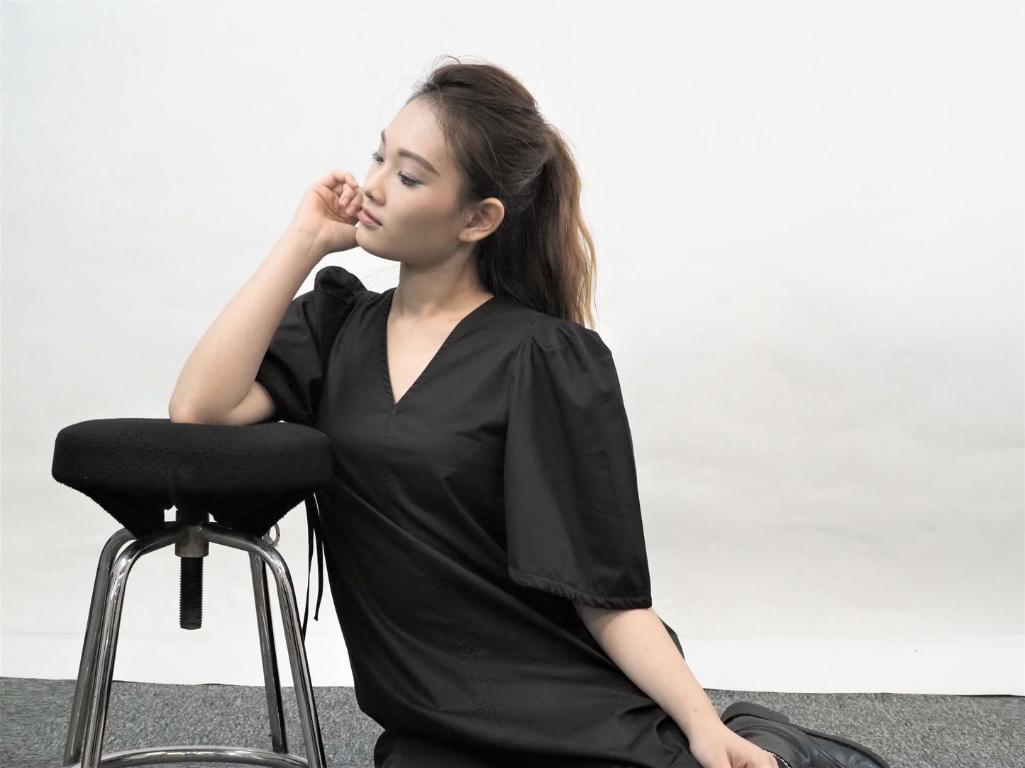 V-Neck Lantern Sleeve Mini Dress