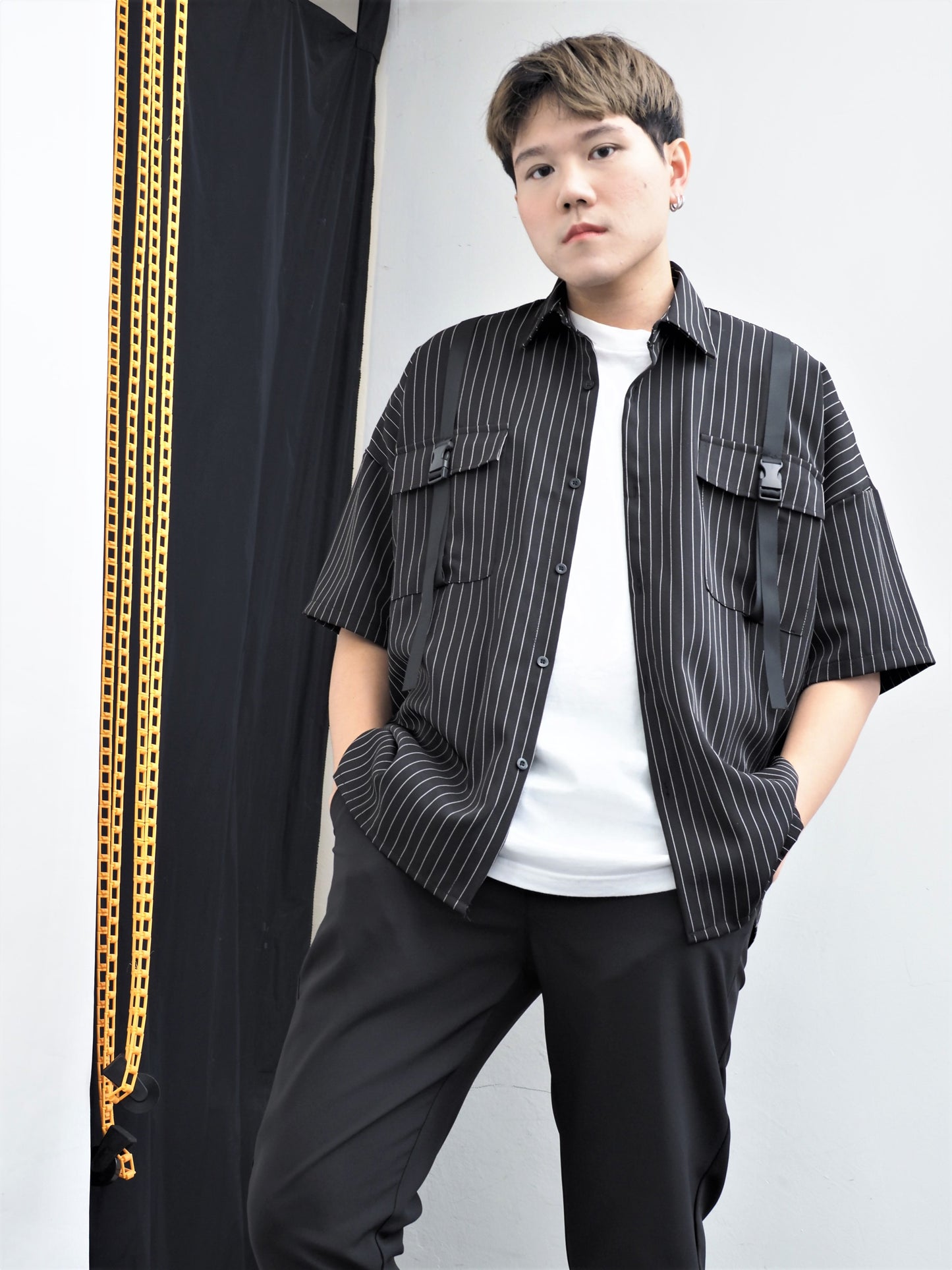 Buckle Pockets Stripe Shirt