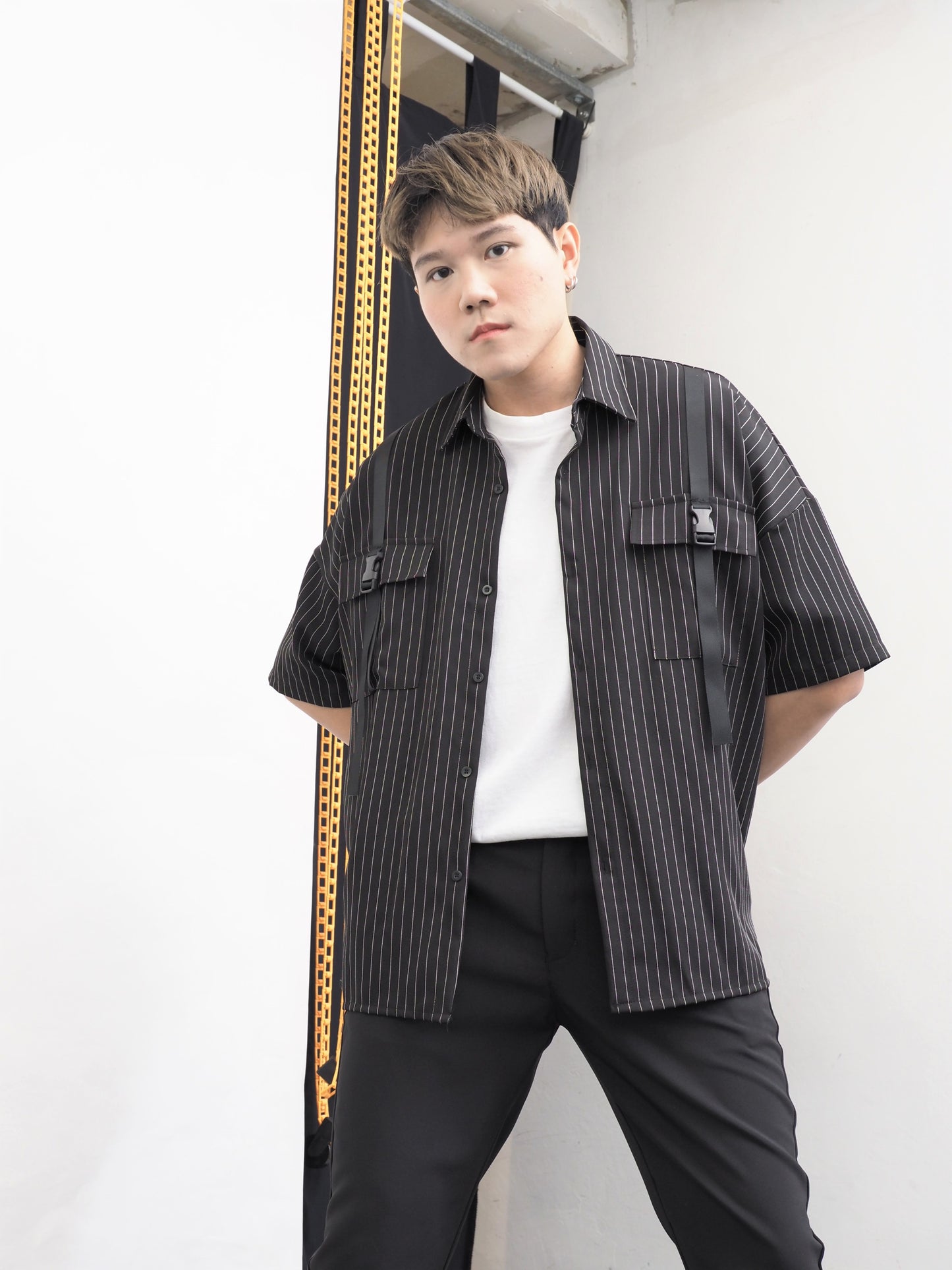 Buckle Pockets Stripe Shirt