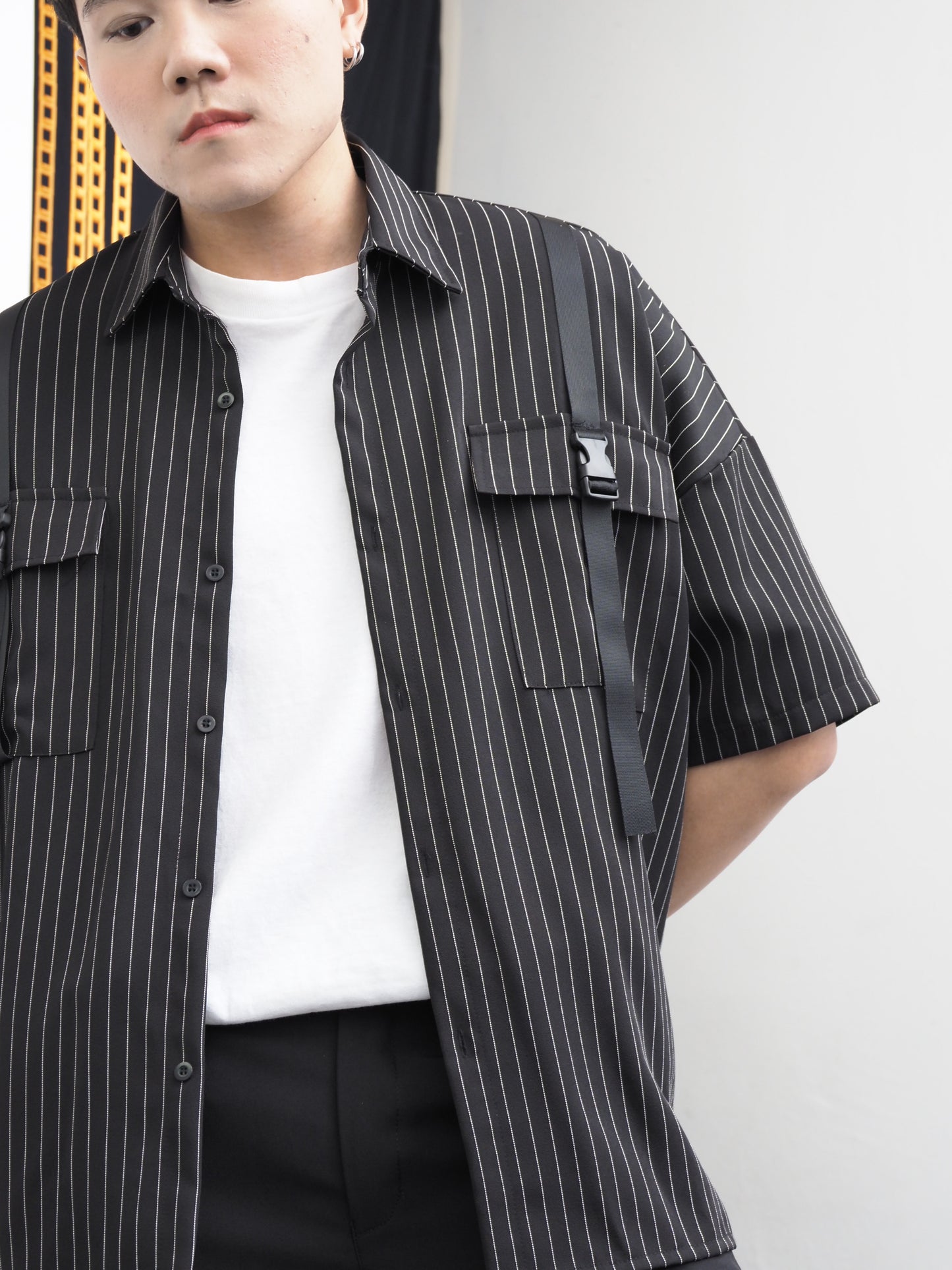 Buckle Pockets Stripe Shirt